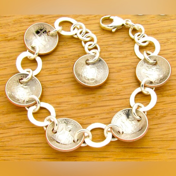 NWT US Dime Bracelet Sterling Silver Rings Clasp Anniversary Birthday Coin 1973 - Picture 2 of 2